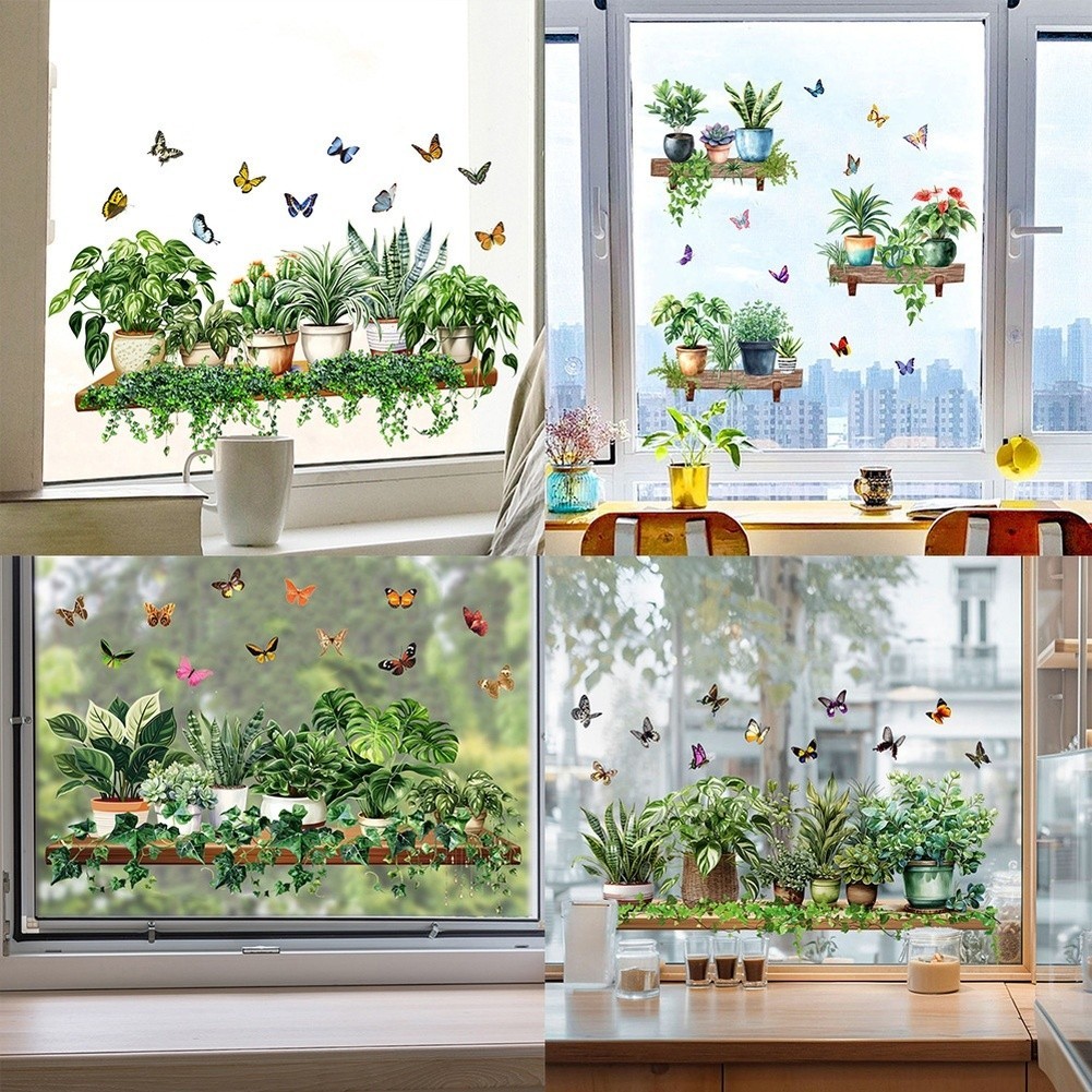 Glass Window Stickers with Realistic Green Leaves and Butterflies 60x50cm