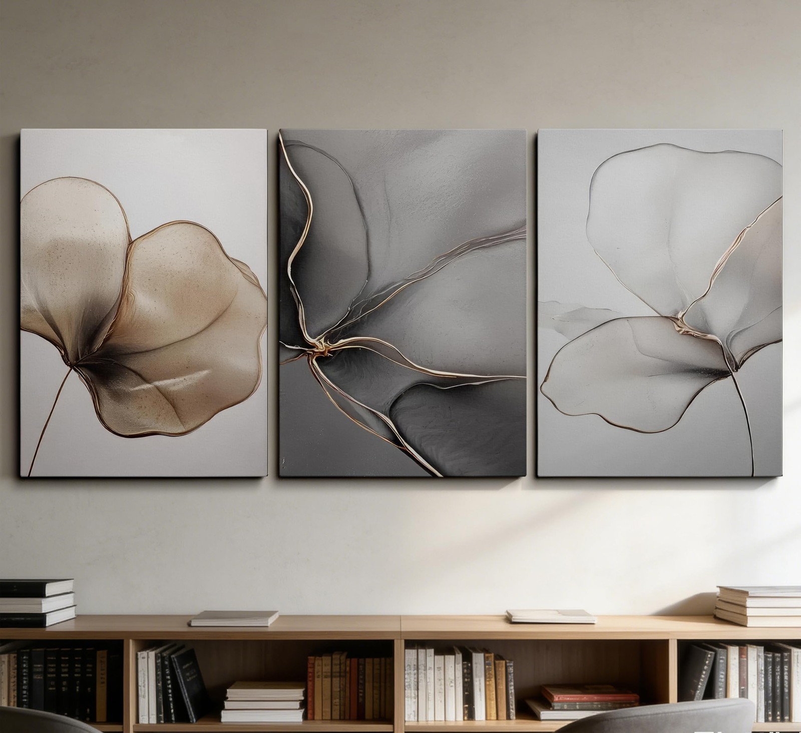 Abstract Floral Canvas Wall Art – Minimalist Gold Line Petal Picture Wall Dec…