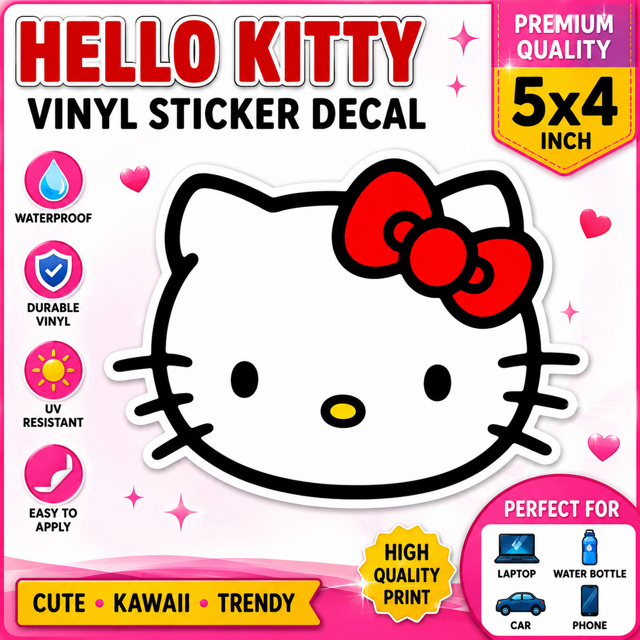 Hello Kitty Face Vinyl Sticker Decal Cute Kawaii Waterproof 5×4 Inch