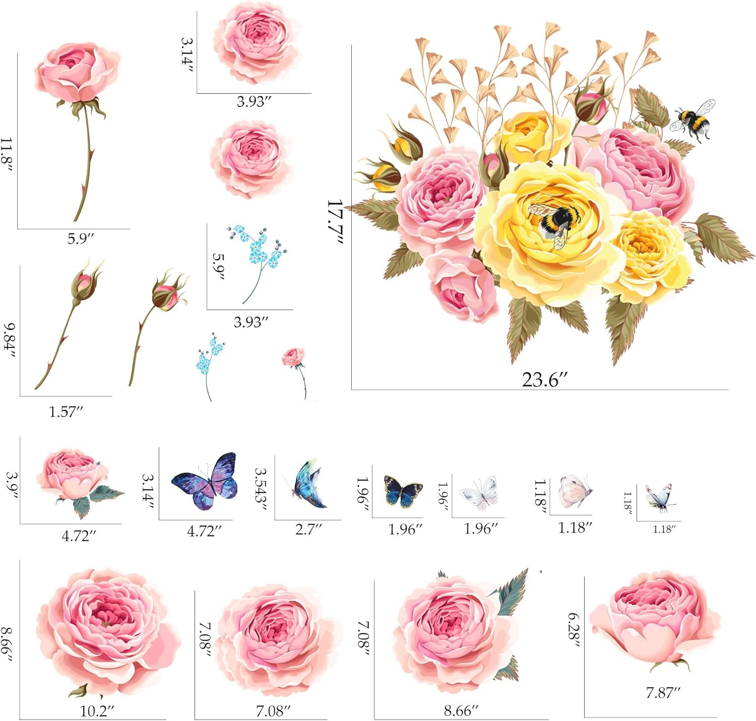 Watercolor Peony Wall Decals Spring Floral Wall Stickers Decals Large Peony Butt