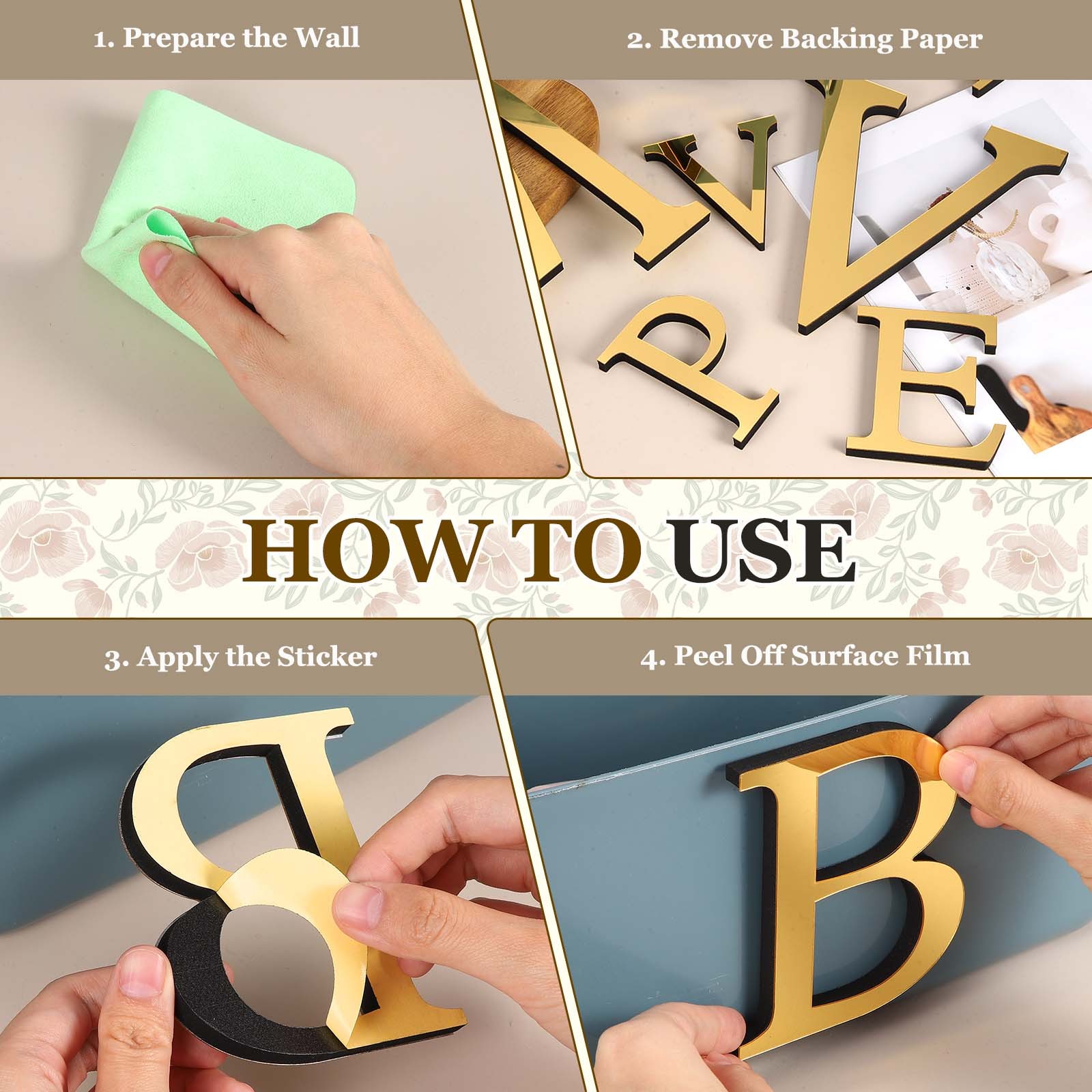 2Pcs Mirror Sticker 3D Letter H 8 Inch Light Gold for Wall Decor