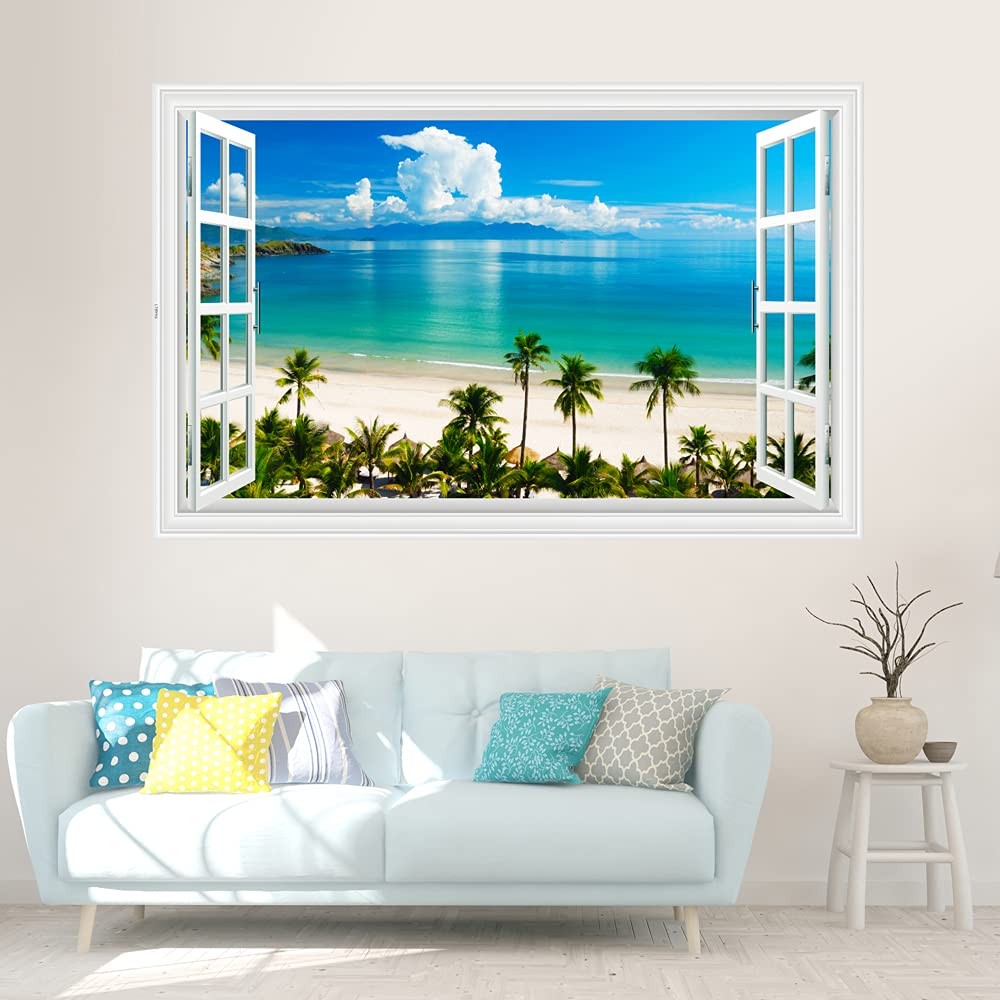 Kiddale Fake Windows Wall Sticker, Removable 3D Beach Seascape Blue,white