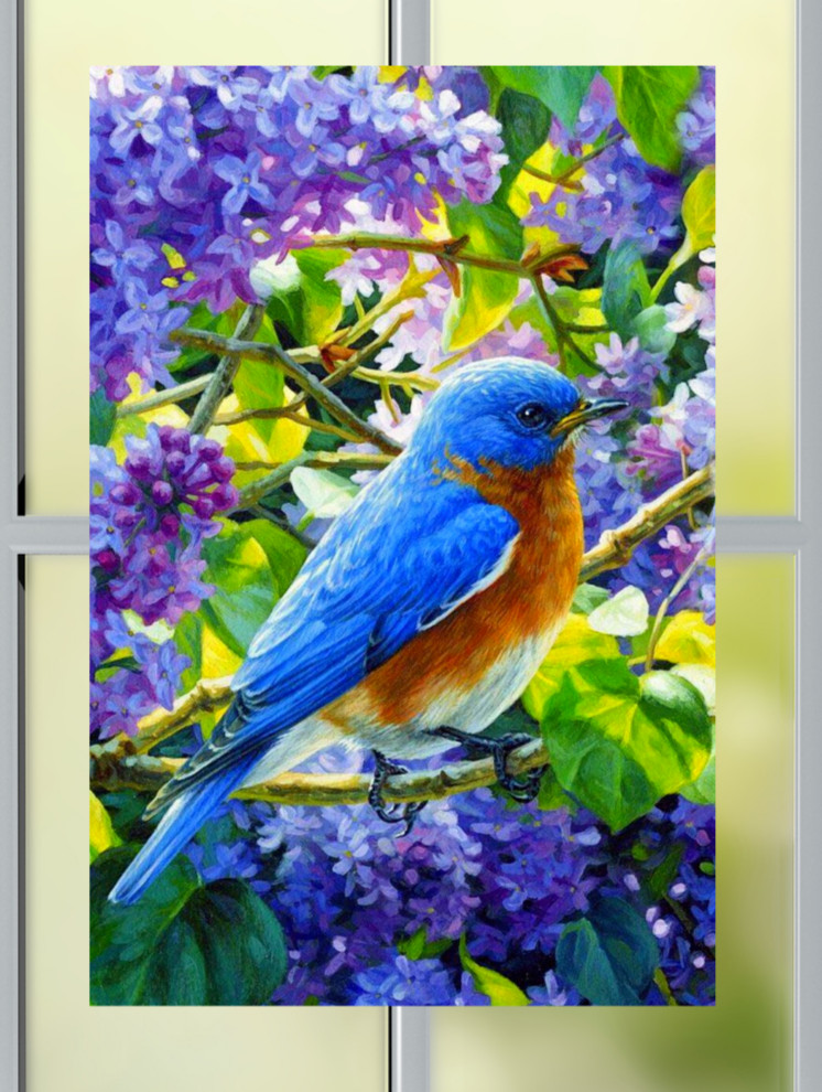 Bluebird on Branch with Lilac Flowers WINDOW CLING Size 10.6" Vinyl