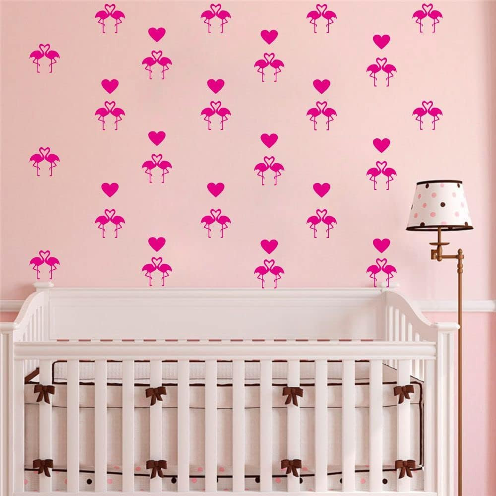 Flamingo Wall Stickers Set – 24 Removable PVC Decals with Silhouette and Hearts
