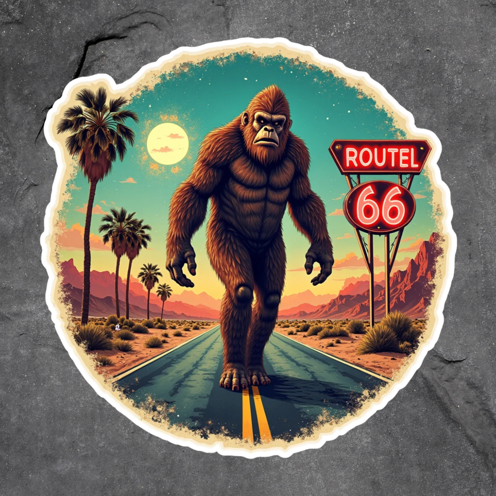 Route 66 bigfoot sticker vinyl decal sasquatch desert road vintage highway art