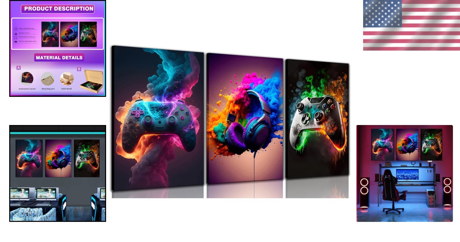 Vibrant Gaming Wall Art Set of 3 – Neon Canvas Prints for Teen Rooms