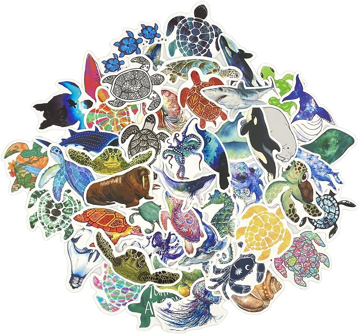 Aowplc 100 Pcs Ocean Animal Stickers, Waterproof Vinyl Sea Life Sticker Pack