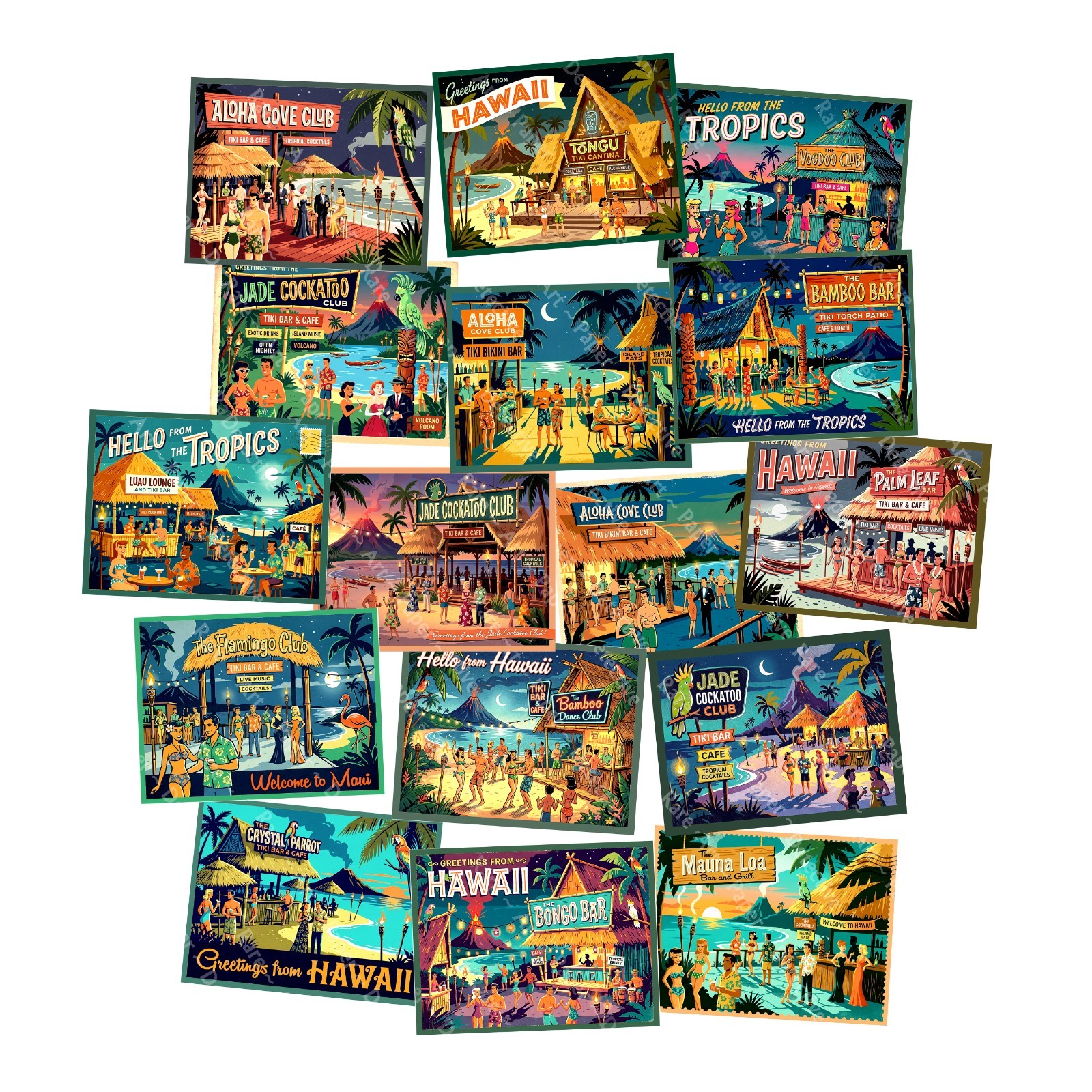 Hawaii Tropical Tiki Bar Stickers, Mid-Century Modern, 16 Big Labels on 4 Sheets