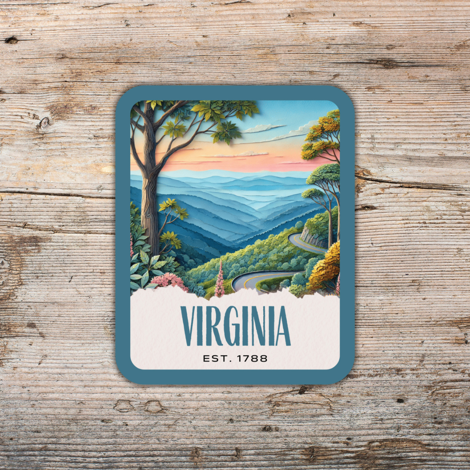 Virginia State Sticker, Paper Collage Look, Blue Ridge Parkway Vinyl Decal