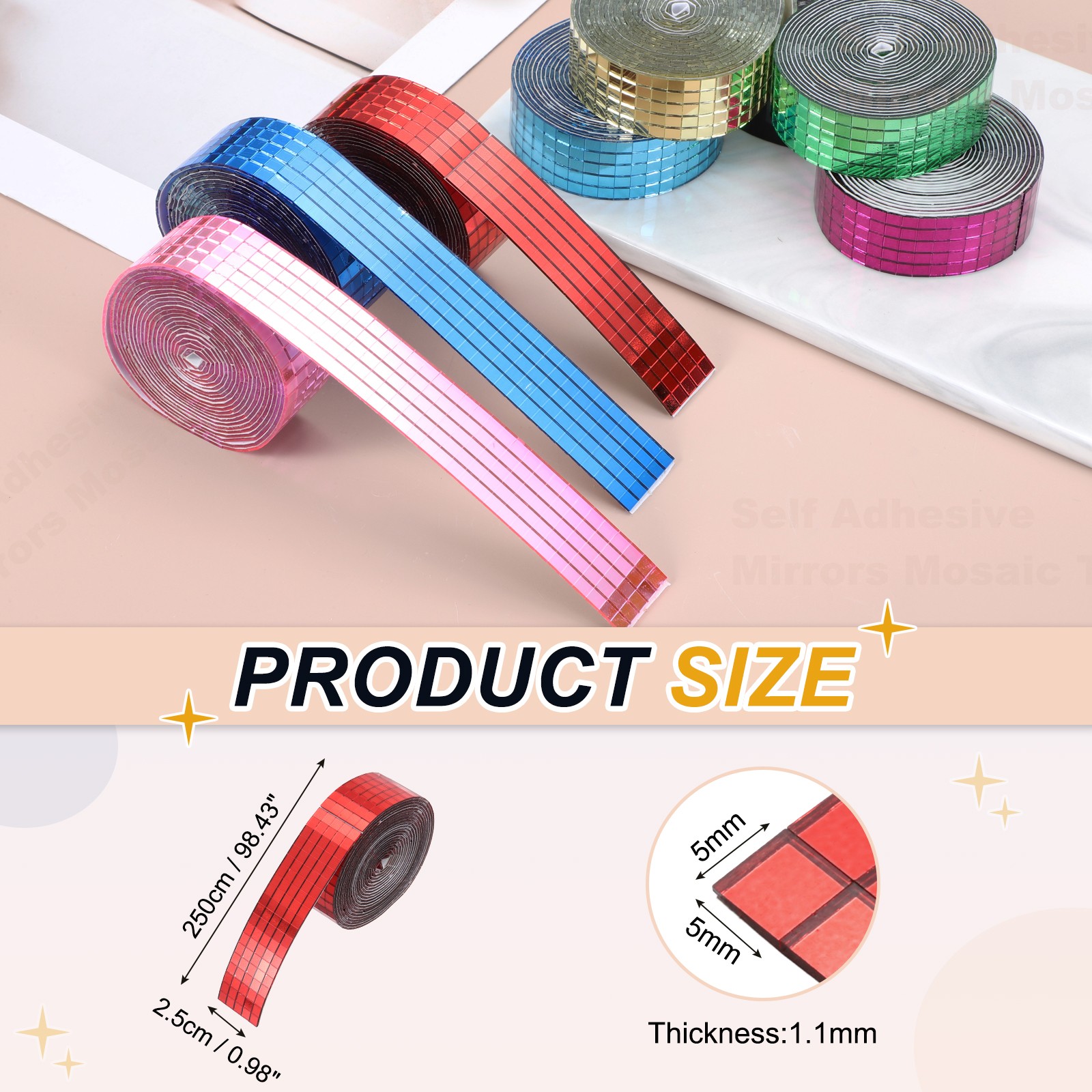 5x5mm Self Adhesive Mirrors Mosaic Tiles, 2500 Pcs Mosaic Sticker, Red