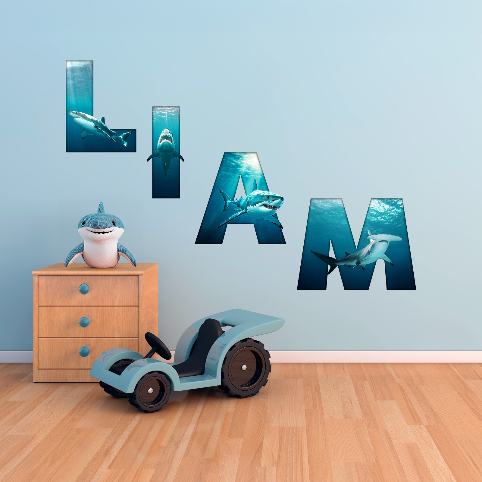 Custom Shark Name Wall Decal Sticker for Kids Bed Room, Boys Great White Decor