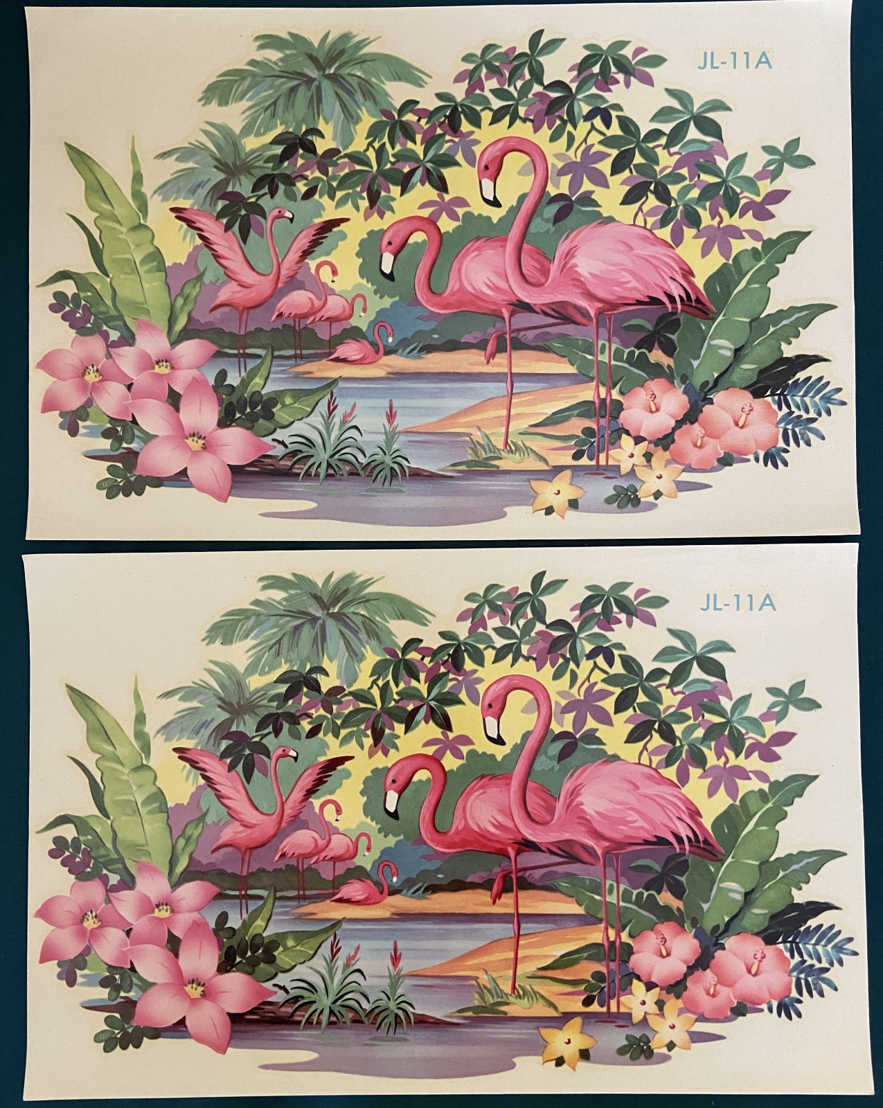 2 1950's Vintage Pink Flamingo Lrg Decals Liberty Decal Co 8-1/2" x 13" JL-11A