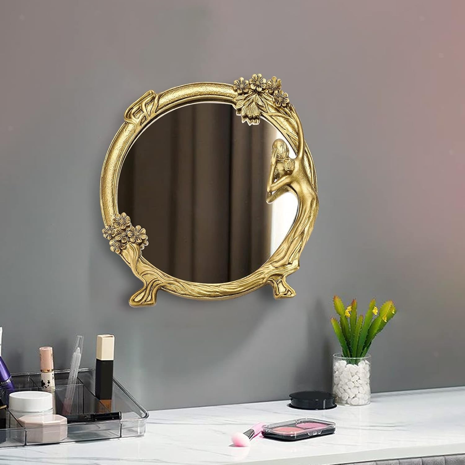 Antique Gold Small Decorative Mirror for Wall and Desktop, Vintage Cosmetic Mir