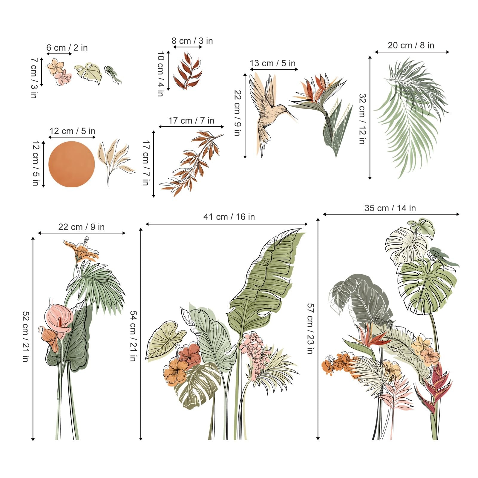 Boho Tropical Leaves Flower Wall Decals Bohemian Floral Plants Sun Wall Stick…