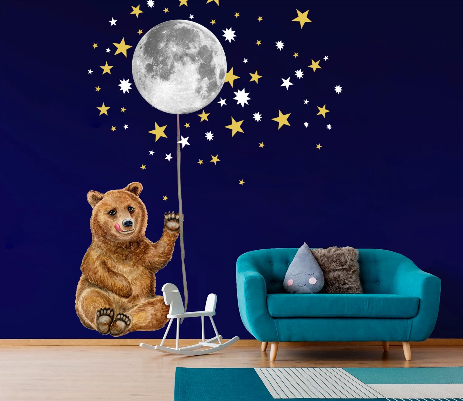Forest Bear Moon and Stars Woodland Night sky Removable Wall Decal Sticker Decor