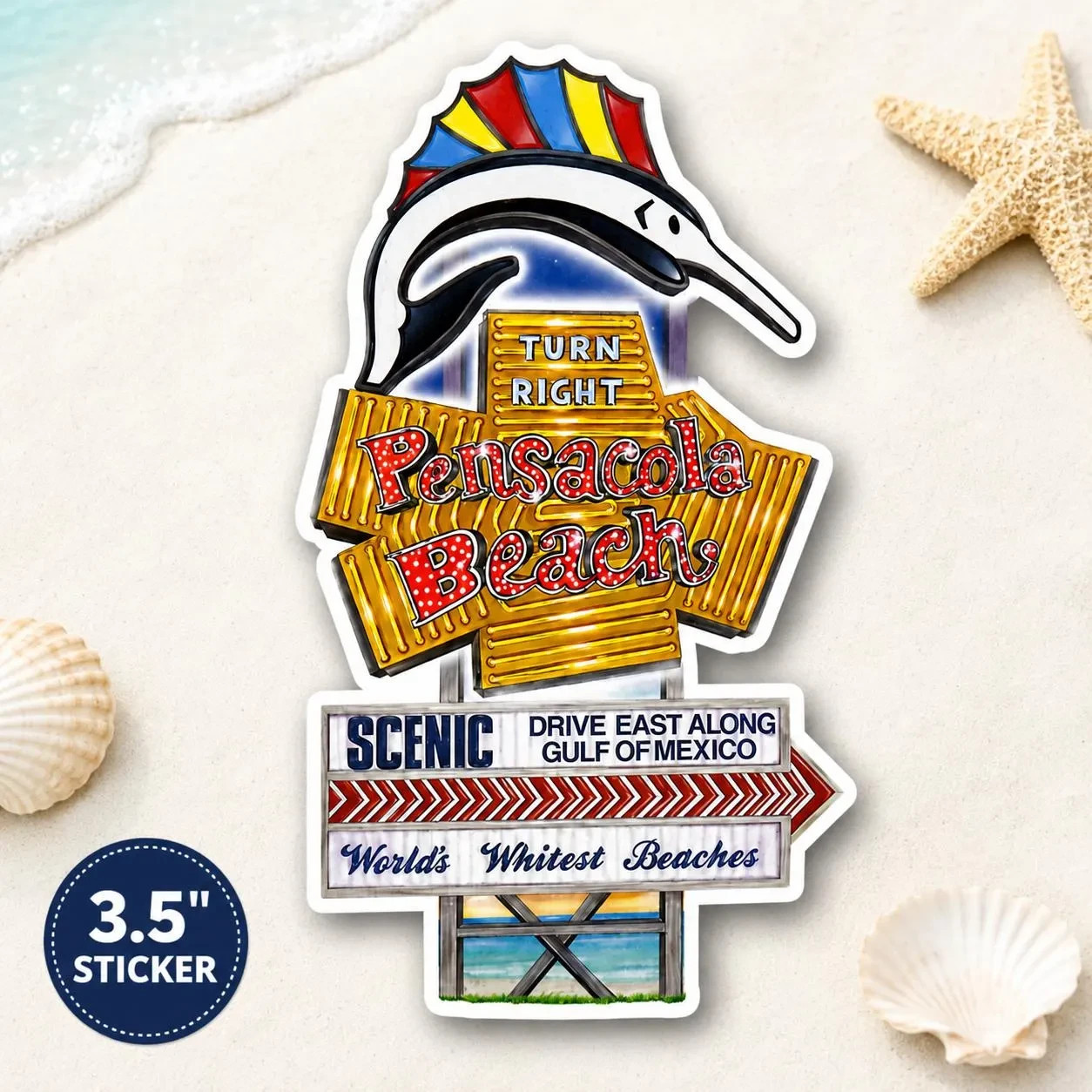 Pensacola Beach Sign Sticker 3.5 in. Florida Souvenir Gulf Coast Decal Local Art