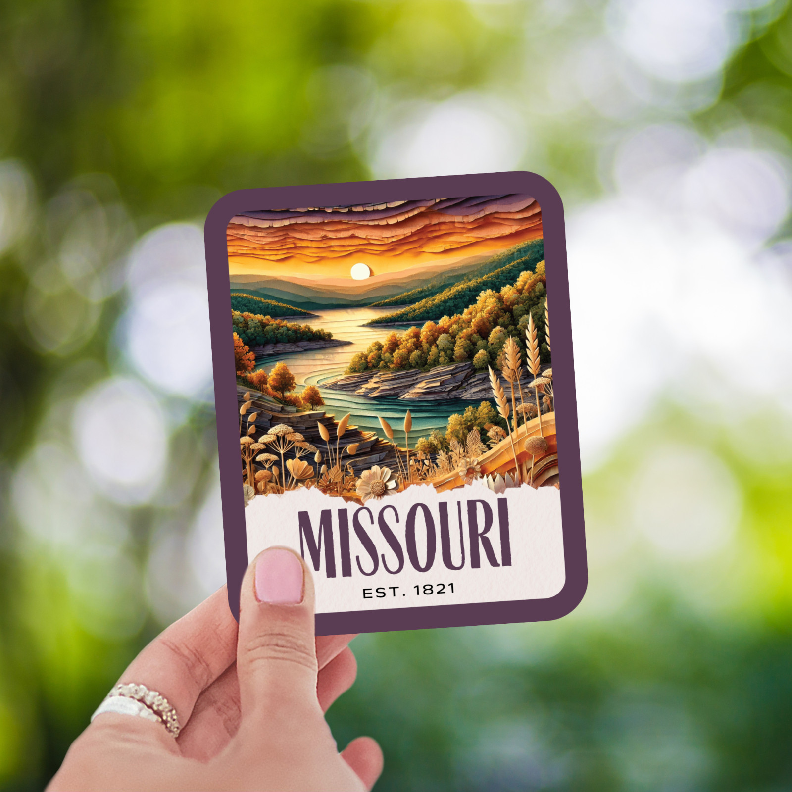 Missouri State Sticker, Paper Collage Look, Scenic Ozark Mountains Vinyl Decal