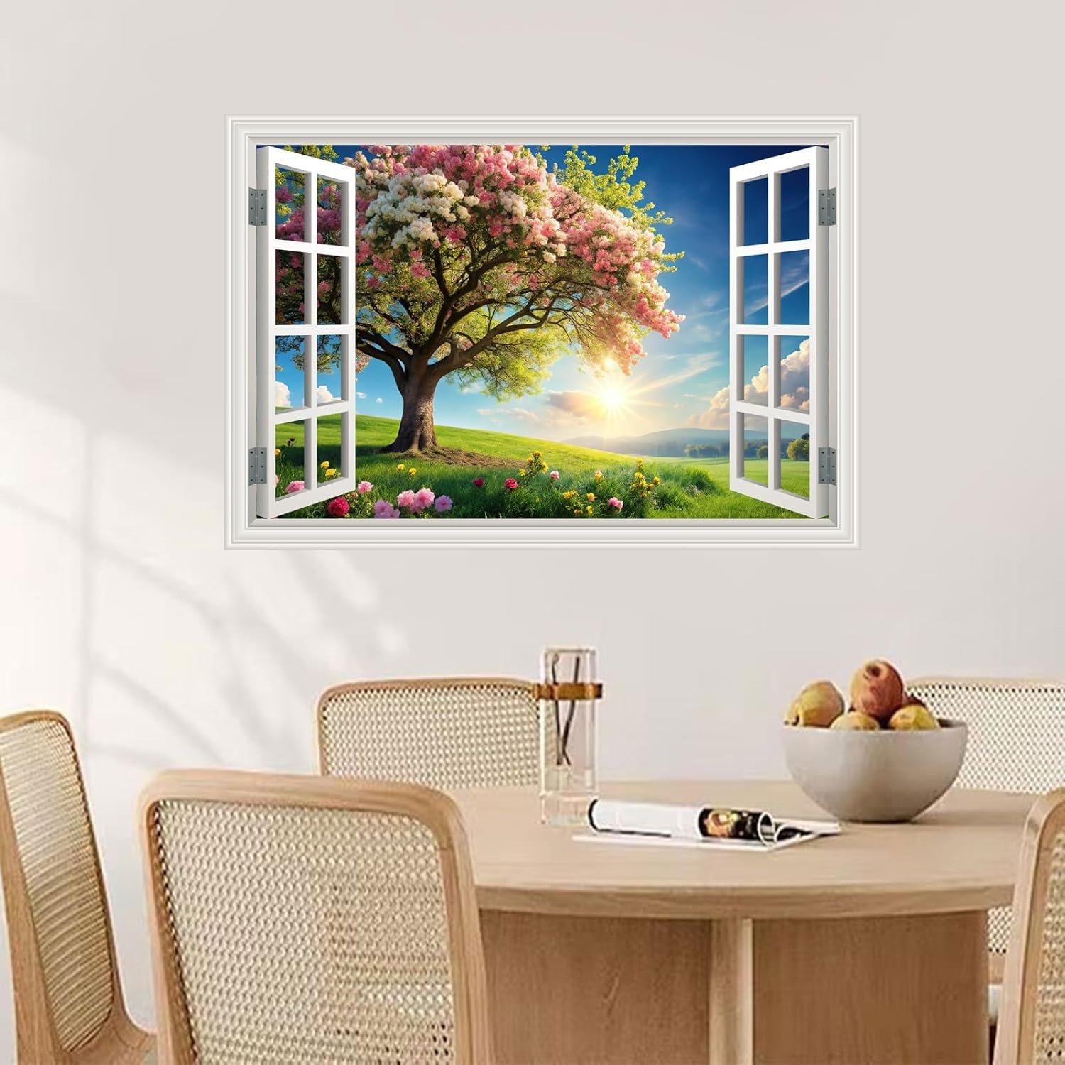 Fake Window Wall Mural Green Flowers Tree Art Poster Faux Window Wall Sticker…