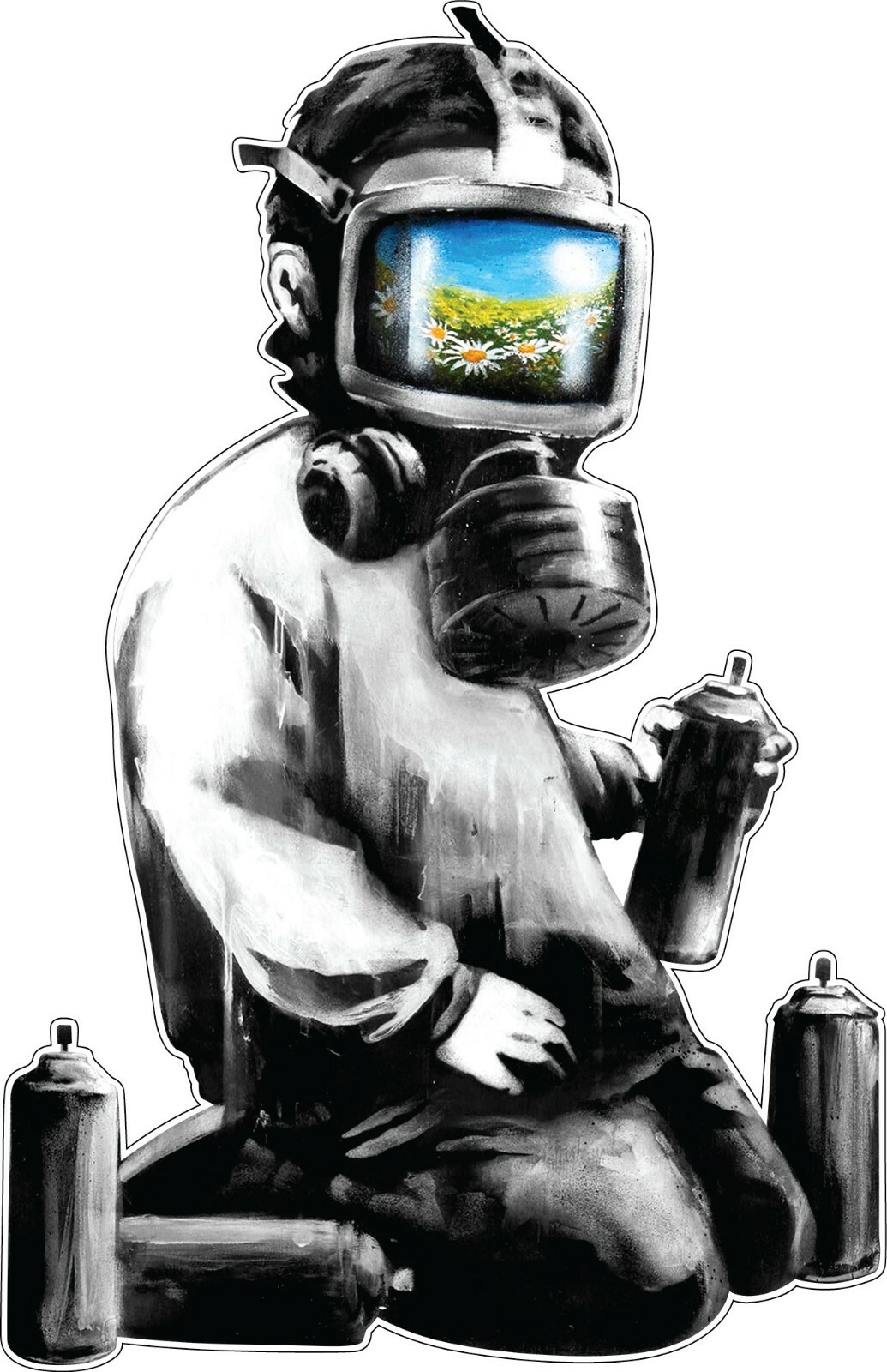 Banksy Gas Mask Boy Environmental Damage Flowers Meadows Vinyl Sticker