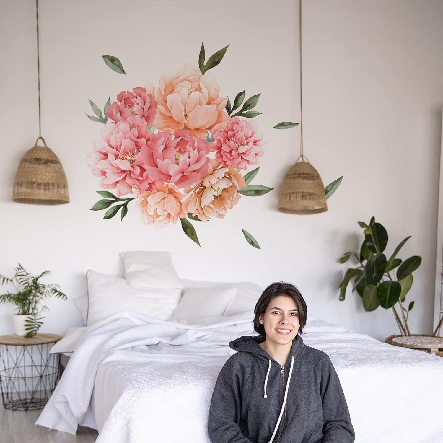 Peony Flowers Wall Decals, Watercolor Elegant Peonies Rose Floral Wall