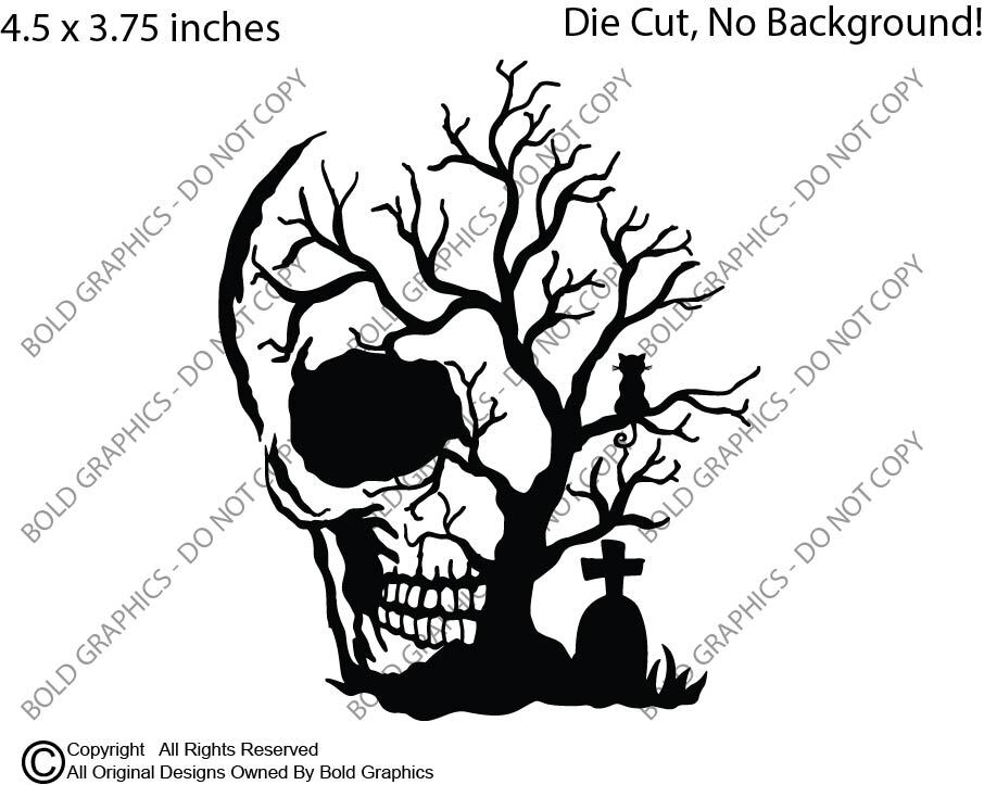4.5" Skull Tree Decal Sticker Spooky Gothic Halloween Black Cat Grave Goth Core