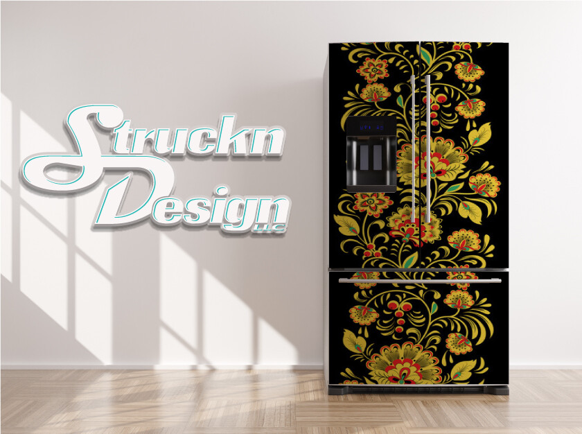 Khokhloma Floral Gold Black Pattern Fridge Freezer Wrap Side Door Vinyl Decal