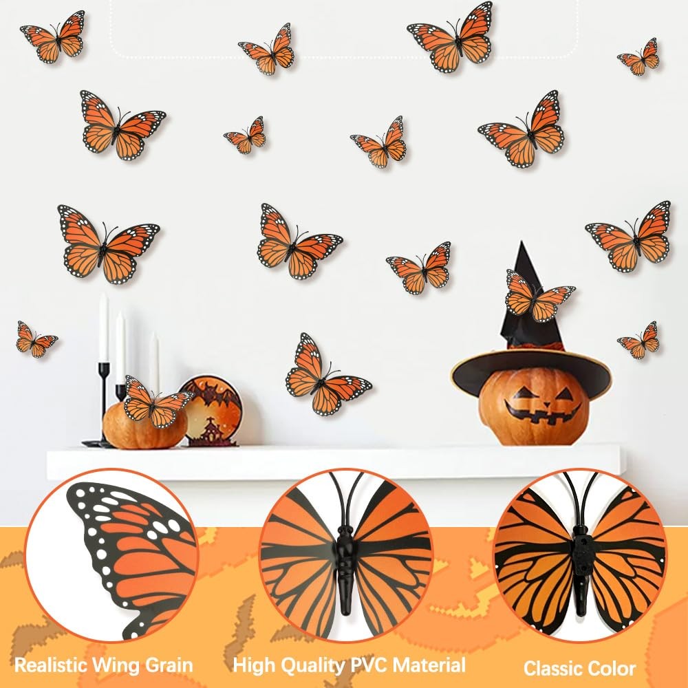 Monarch Butterfly Decorations, 3D Halloween Wall 12 PCS, Orange