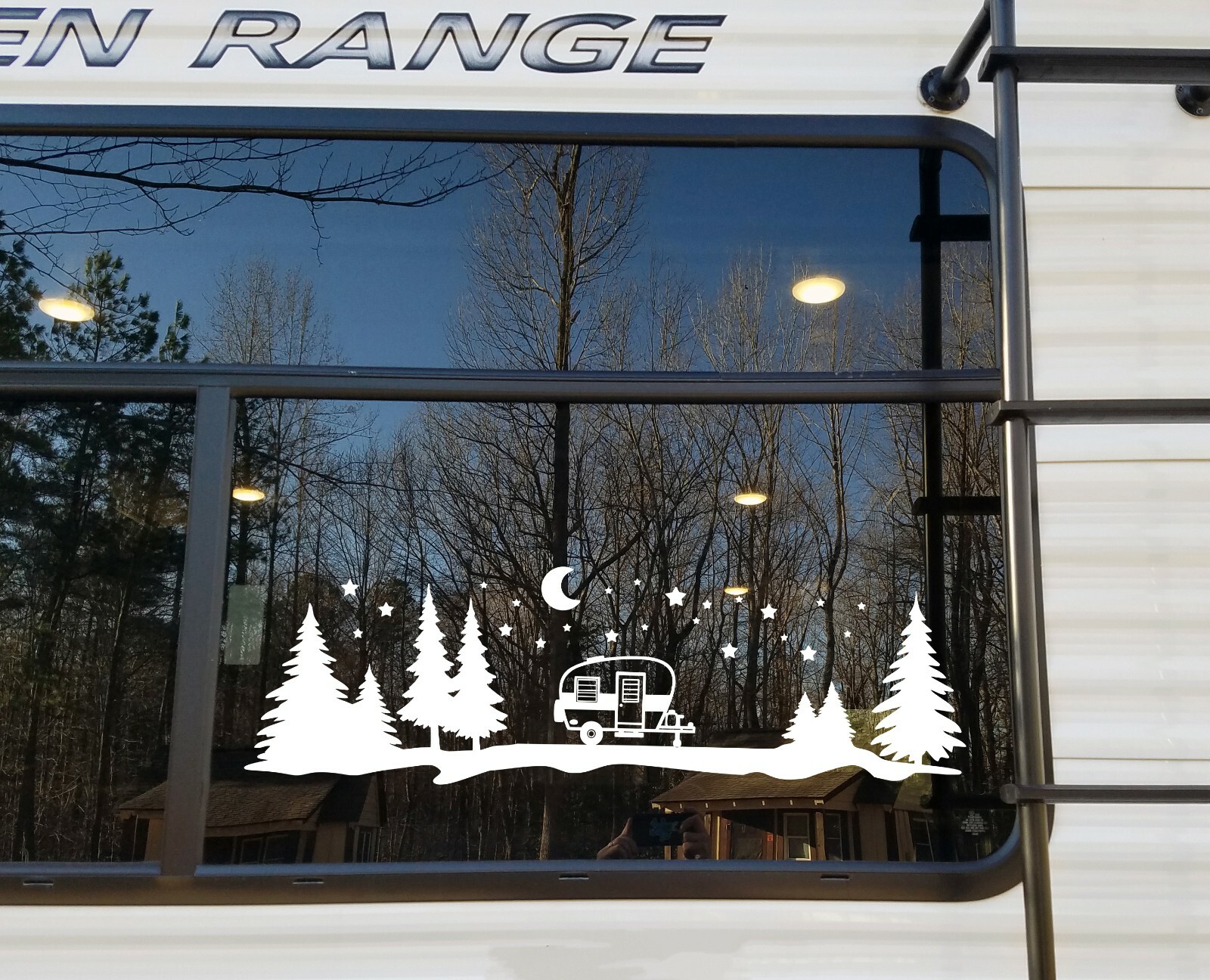Travel Trailer Moon Scene Vinyl Decal | Camper Graphics Trees Stars | Die Cut