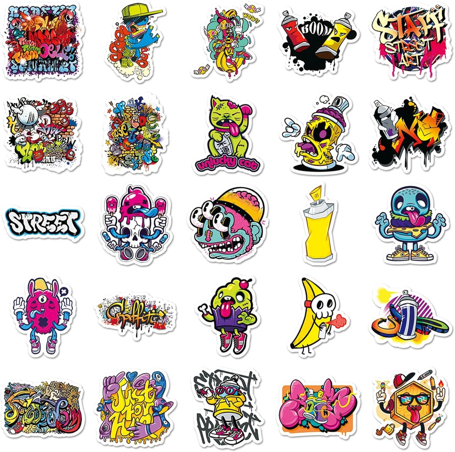 50 Pcs Street Graffiti Stickers – Cool Urban Art Designs, Premium PVC, Removable