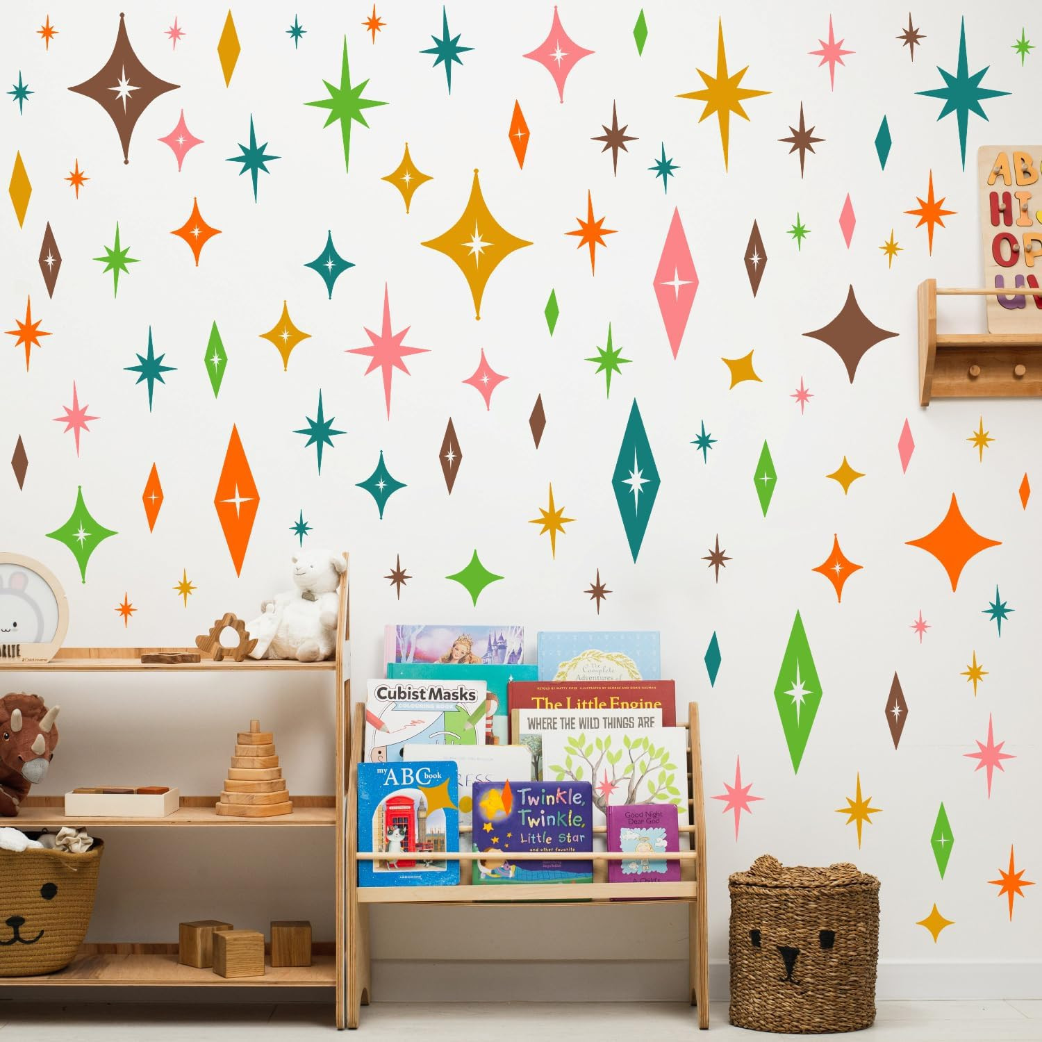 Colorful Stars Wall Stickers, Mid Century Modern Vintage Atomic Star Vinyl Wall