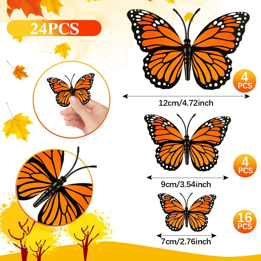 Monarch Butterfly Decorations, 24 PCS Monarch Butterfly Wall Decor 3D Orange Fak