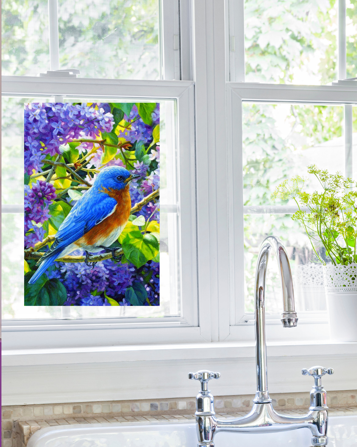 Bluebird on Branch with Lilac Flowers WINDOW CLING Size 10.6" Vinyl