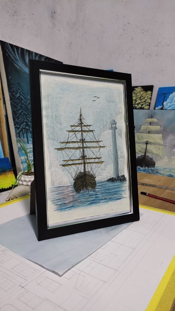 Original Watercolor Painting Ship Lighthouse Framed Nautical Wall Art Handpaint