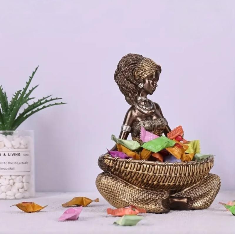 African Woman Statue Jewelry & Key Holder Resin Figurine Home Decor