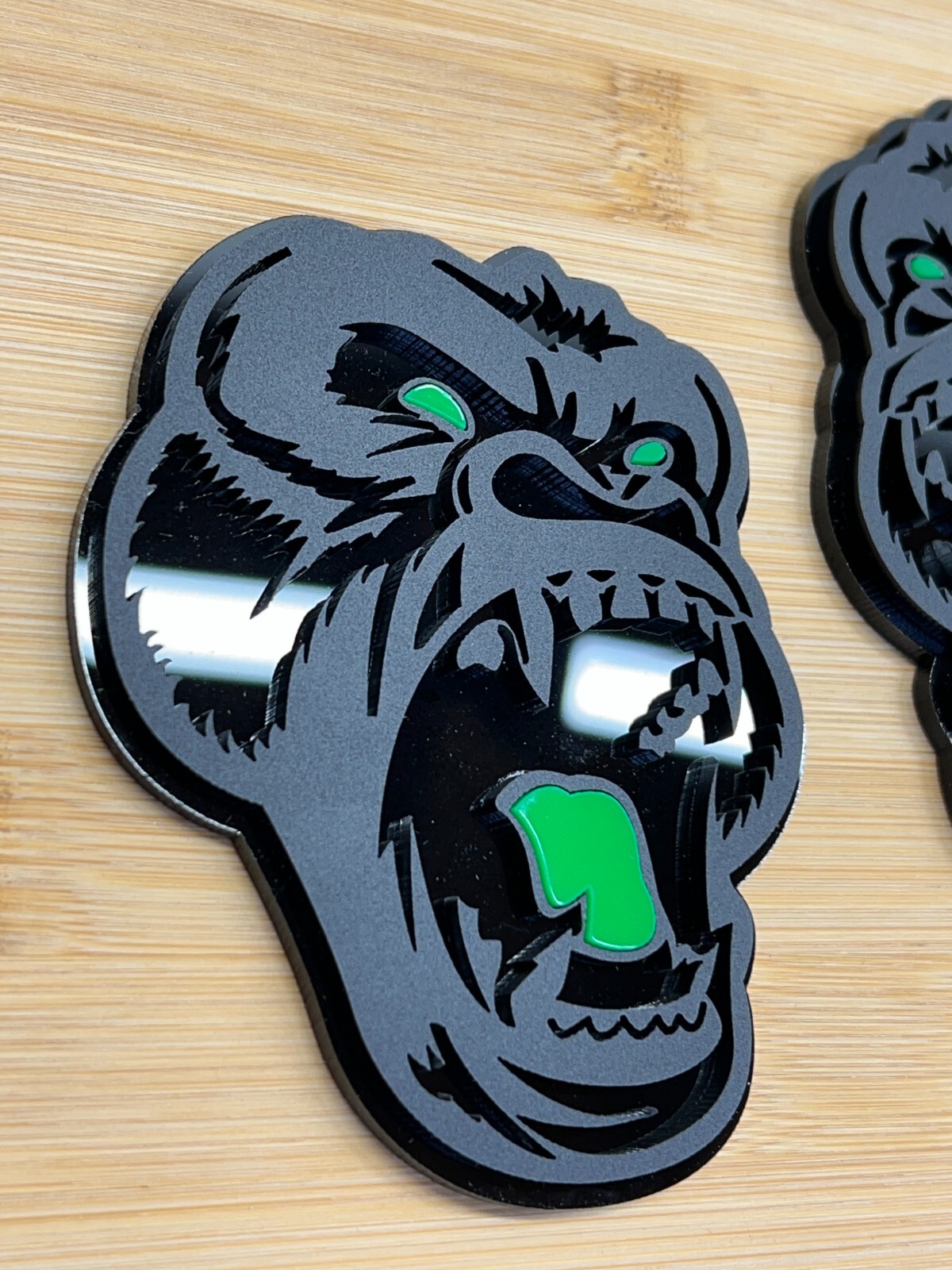 Angry Gorilla Green Eye Car Truck Emblem Badge Matte Black /Black Custom PK of 2