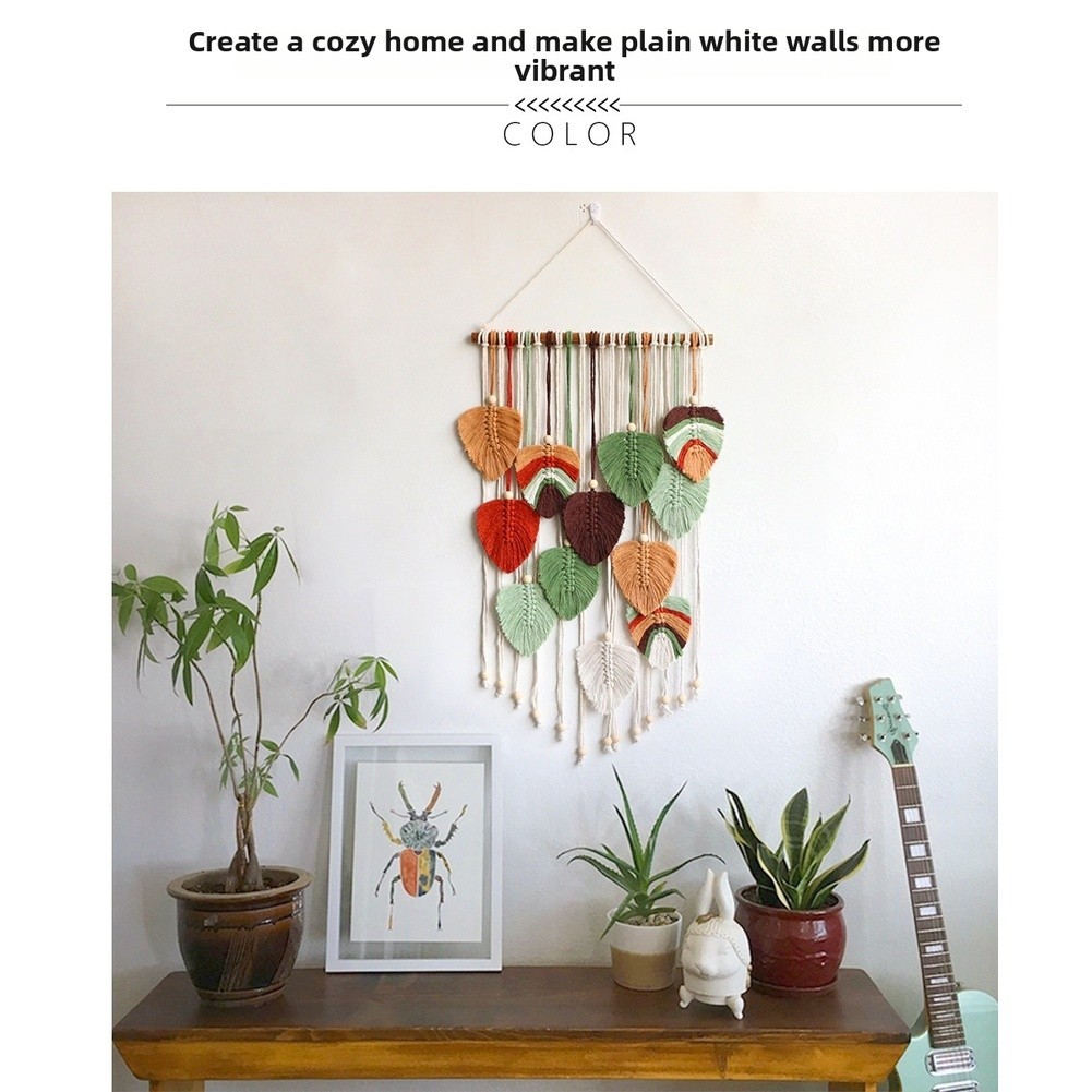 Bohemian Leaf Tapestry Woven Cotton Rustic Wall Hanging 83x45cm Natural Look