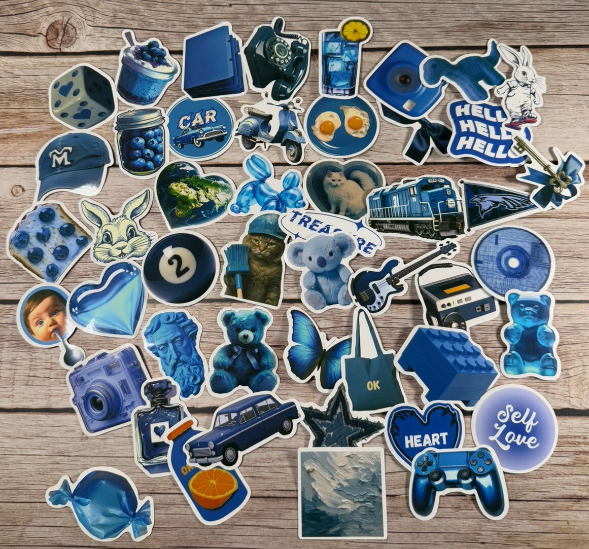 48 Blue Vinyl Stickers Variety Theme Pack Cute Color Decal Sticker Lot Classic