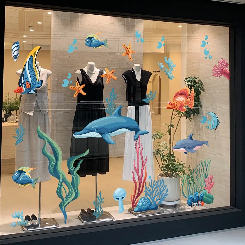 for Blue Sea Life Static Cling Window Decal PVC Material for Kitchen Bathroom