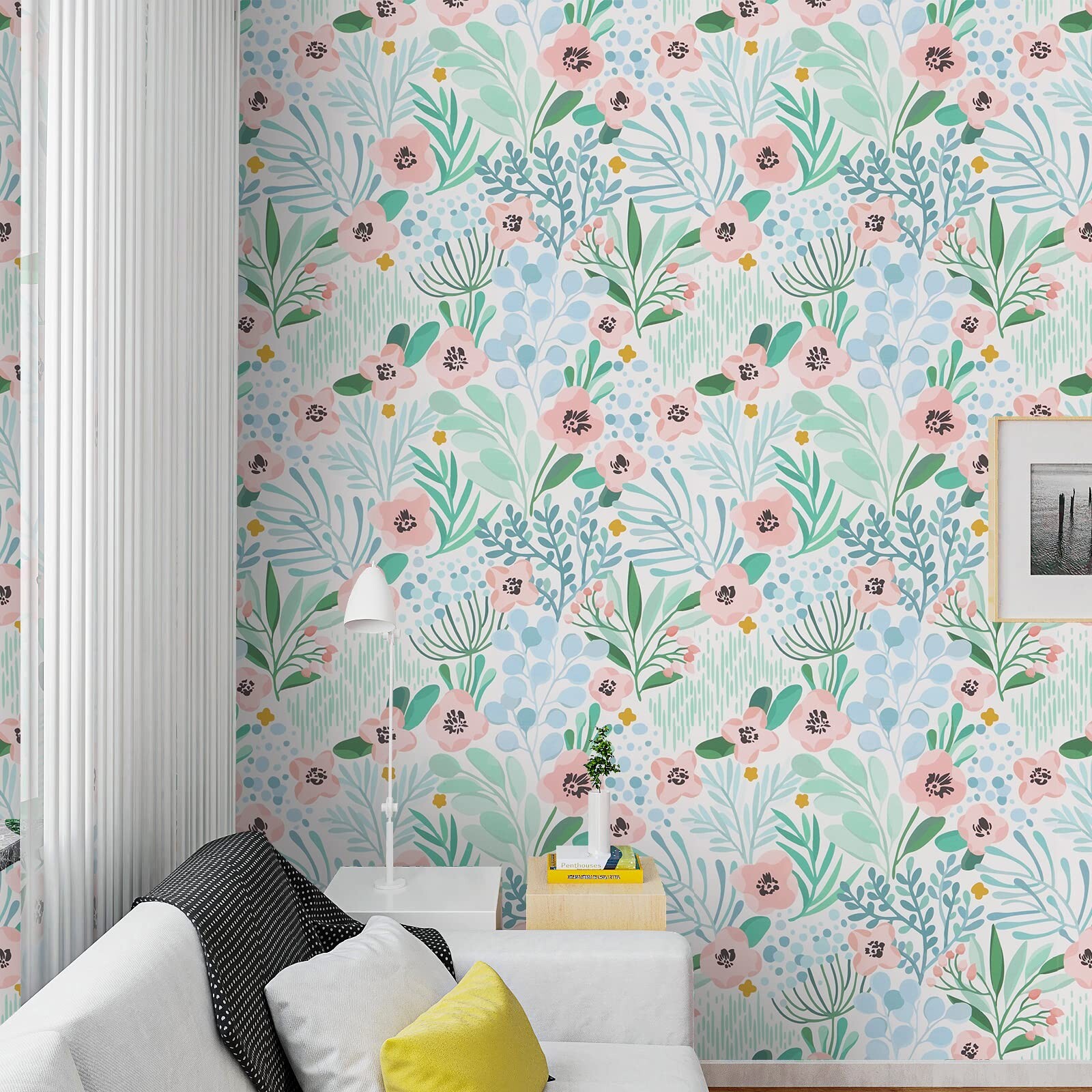 VaryPaper 17.7"x315" Pink/Blue/Green Floral Wallpaper Peel and Stick Wallpa…