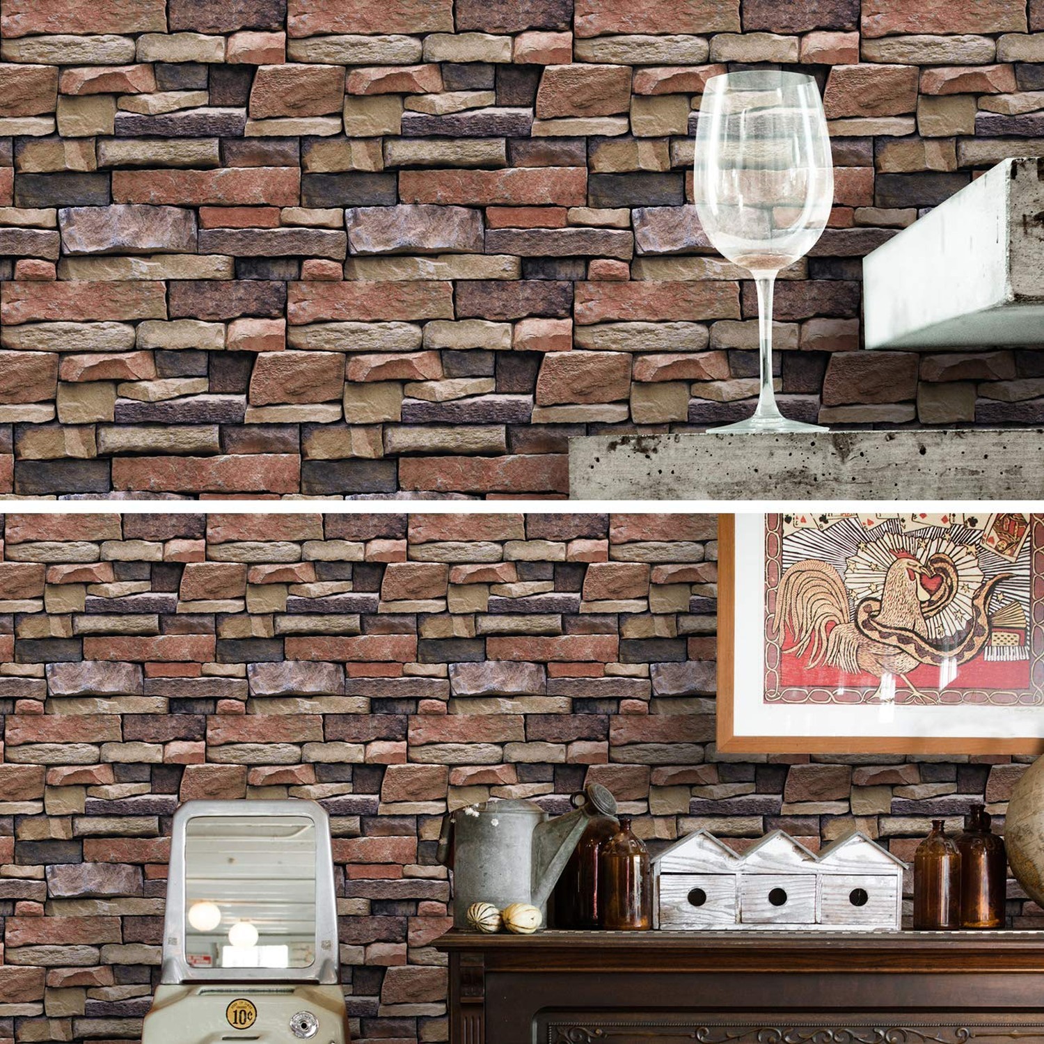 Faux Brick Plank Non-Pasted Wallpaper,Brown/Milky White Home Kitchen Bedroom …