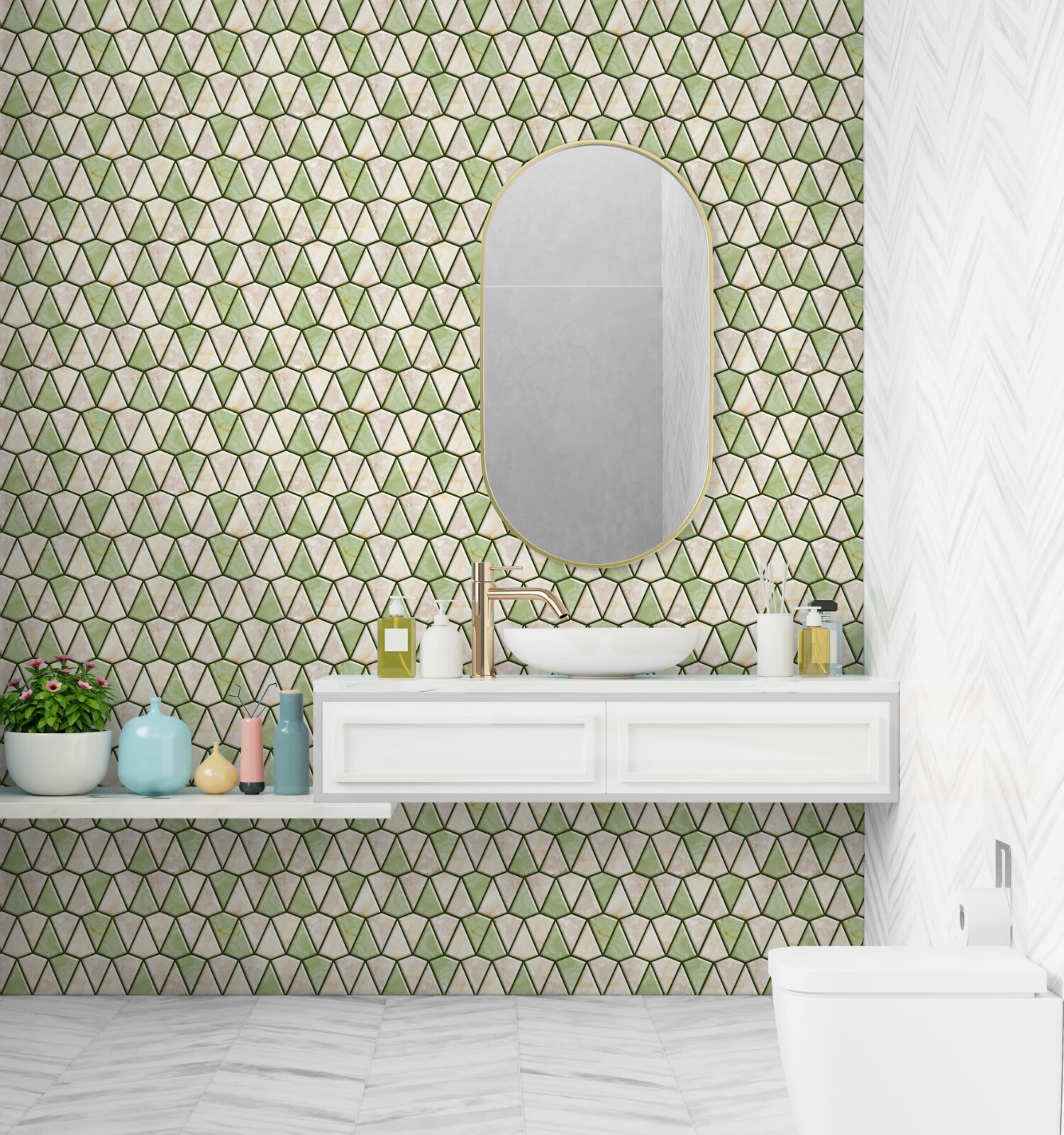 Mosaicowall 3D Diamond Peel and Stick Tiles for Wall Beige-Light Green | MOS029