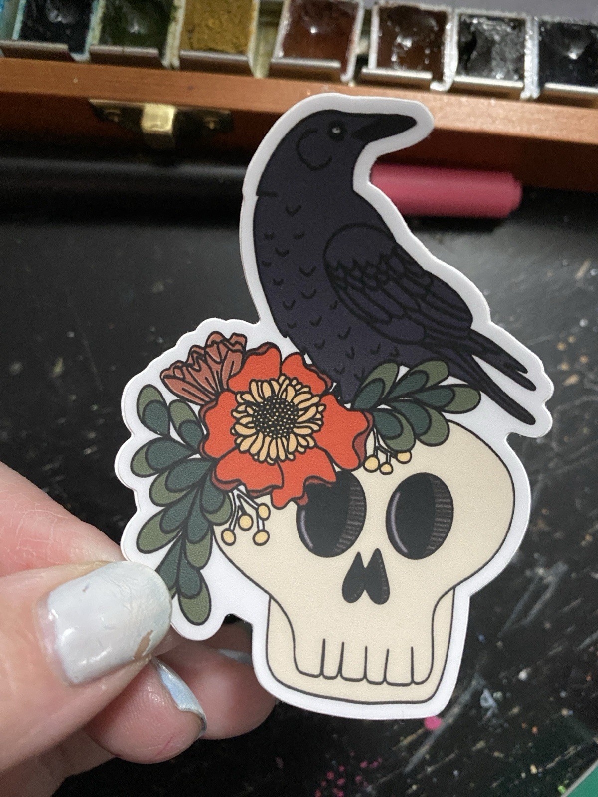 Skull and Raven Floral Vinyl Sticker Black White Red Green Yellow DoodleAllADay