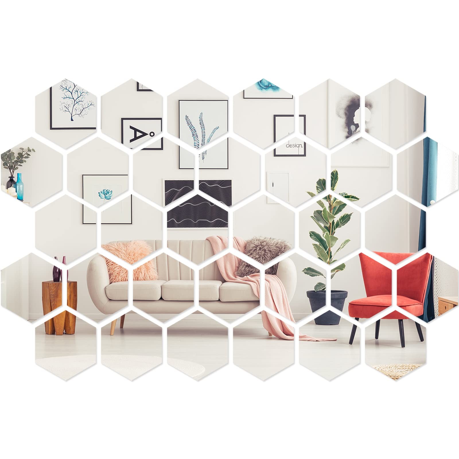 Shappy 32 Pcs Hexagon Mirror Wall Stickers 11 x 12.6 x 6.3 cm, Silver