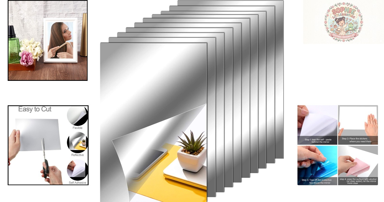 10-Piece Self-Adhesive Flexible Mirror Sheets for Modern Home Decor – 6×9 Inches