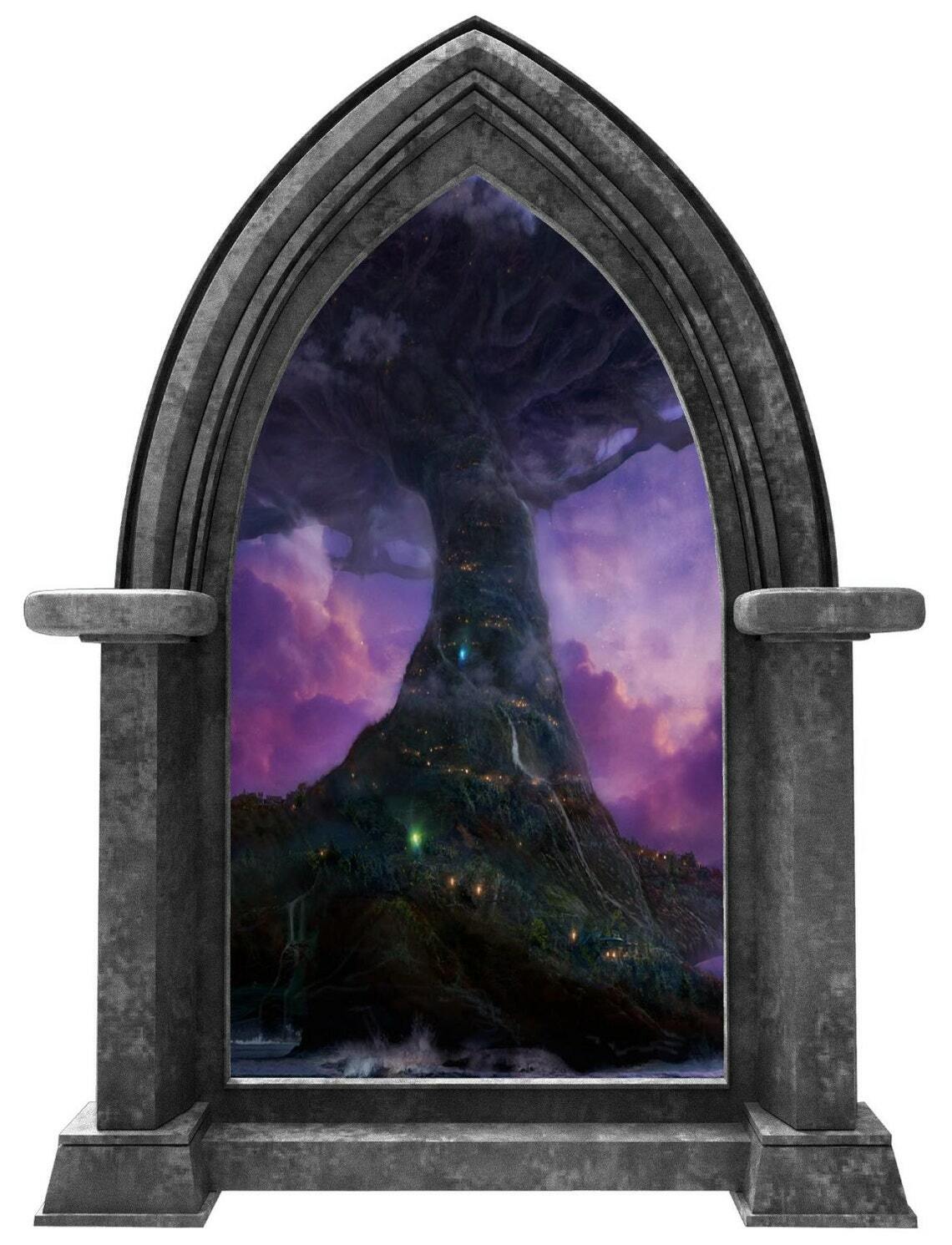 CastleScape Elf Tree Village 2 Wall Decal Stone Castle Window Vinyl Wall Sticker