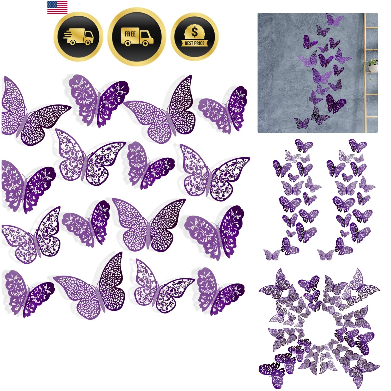 72 Pieces 3D Butterfly Wall Decals Sticker Decal Wall Decor Art Decorative St…
