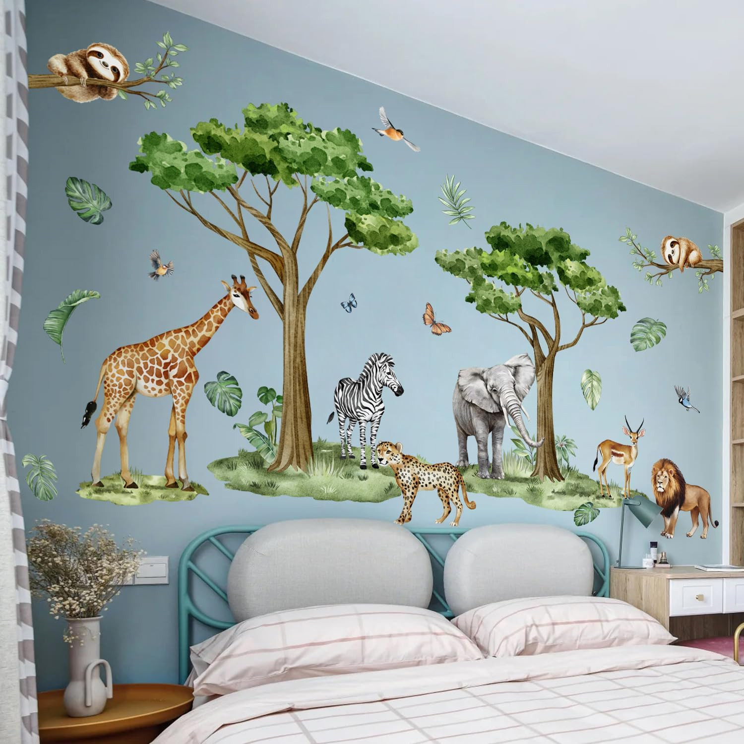 Watercolor Safari Animals Tree Wall Decals Removable Jungle Giraffe Lion Elephan