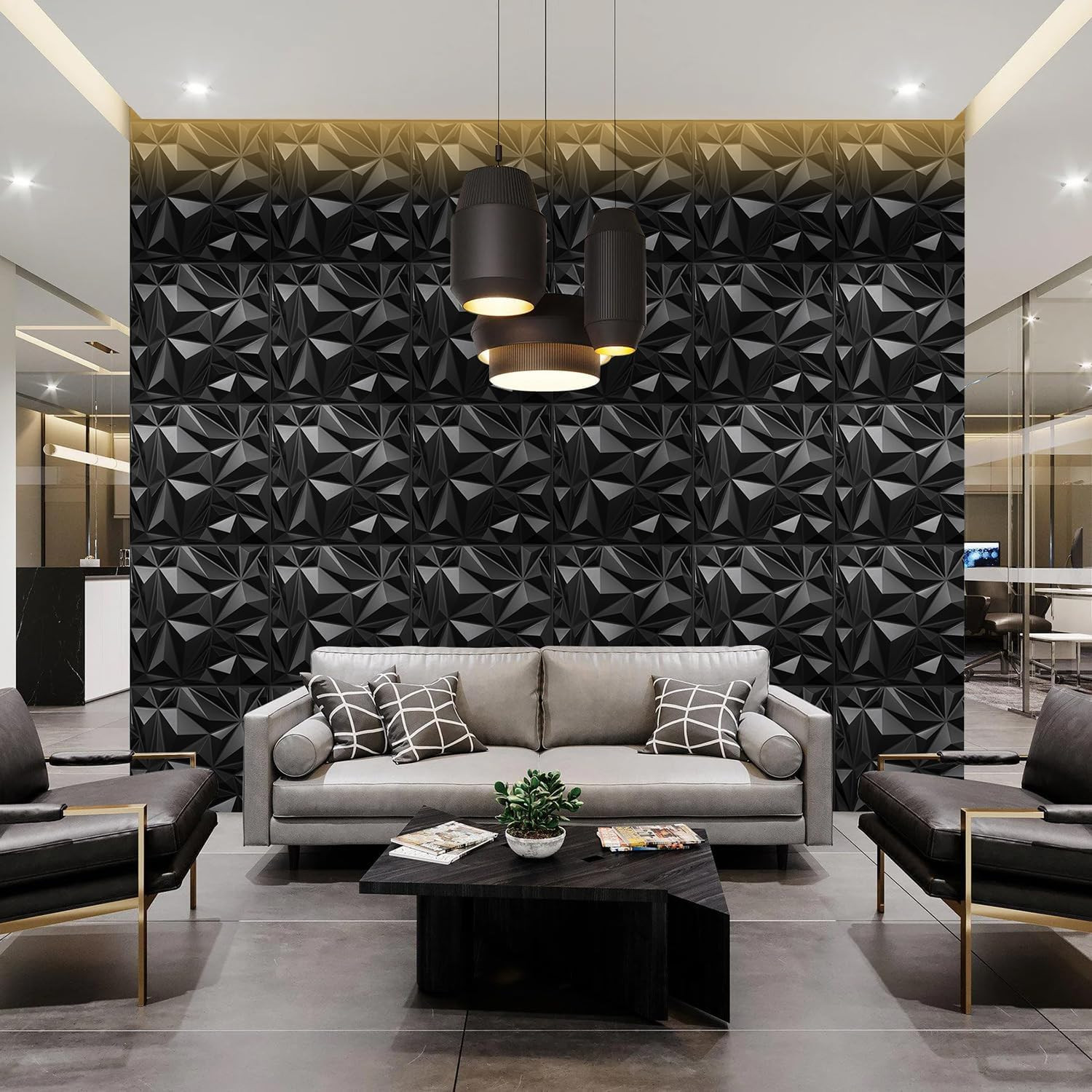 12 Pack 3D Black Diamond Wall Panels for Modern Interior Decor 19.7"x19.7