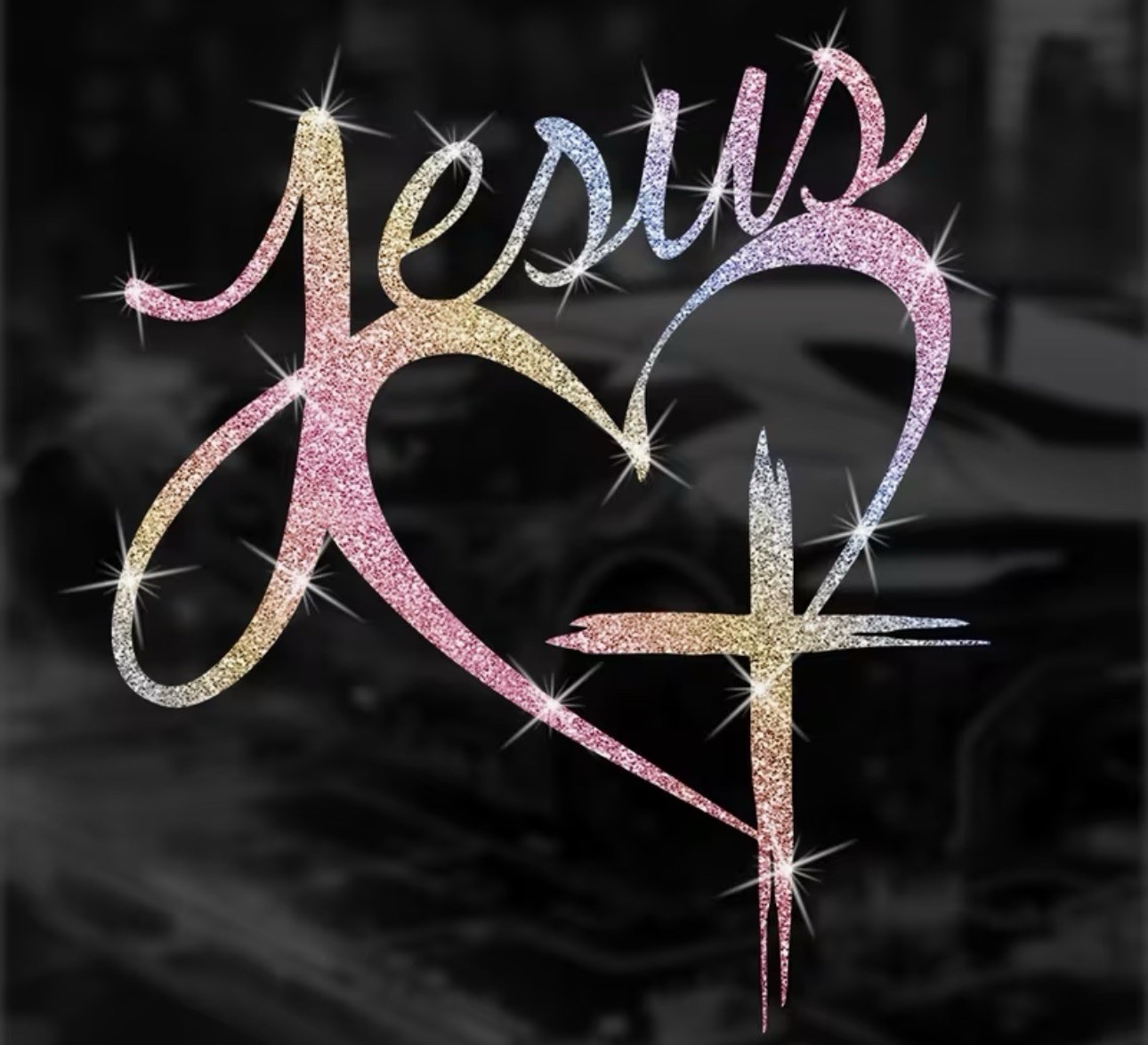 RAINBOW METALLIC GLITTER CROSS HEART 5.5” Jesus Vinyl Sticker Decal Christian