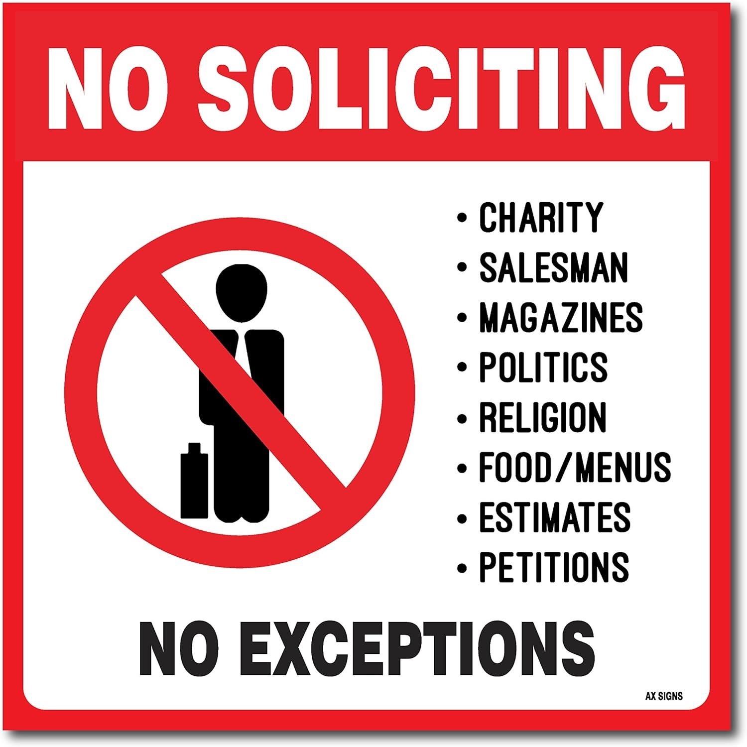 (4 Pack) No Soliciting Sticker 5.5 X 5.5 Inches – No Charity, Salesman, Politics